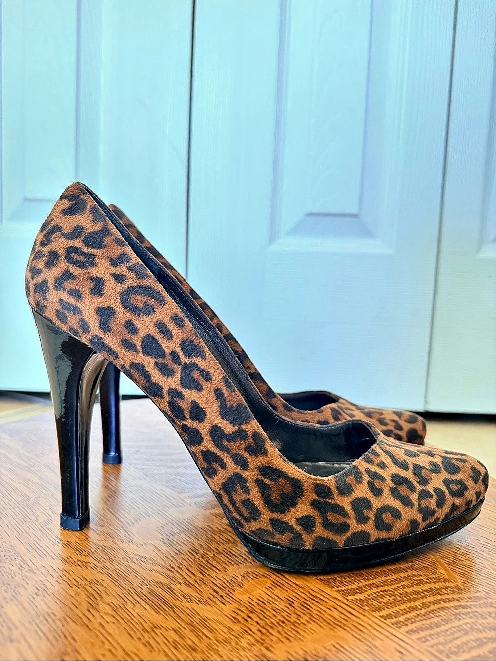 Stuart Weitzman Leopard Print Patent Heels Sexy Pumps Brown & Black US 9.5